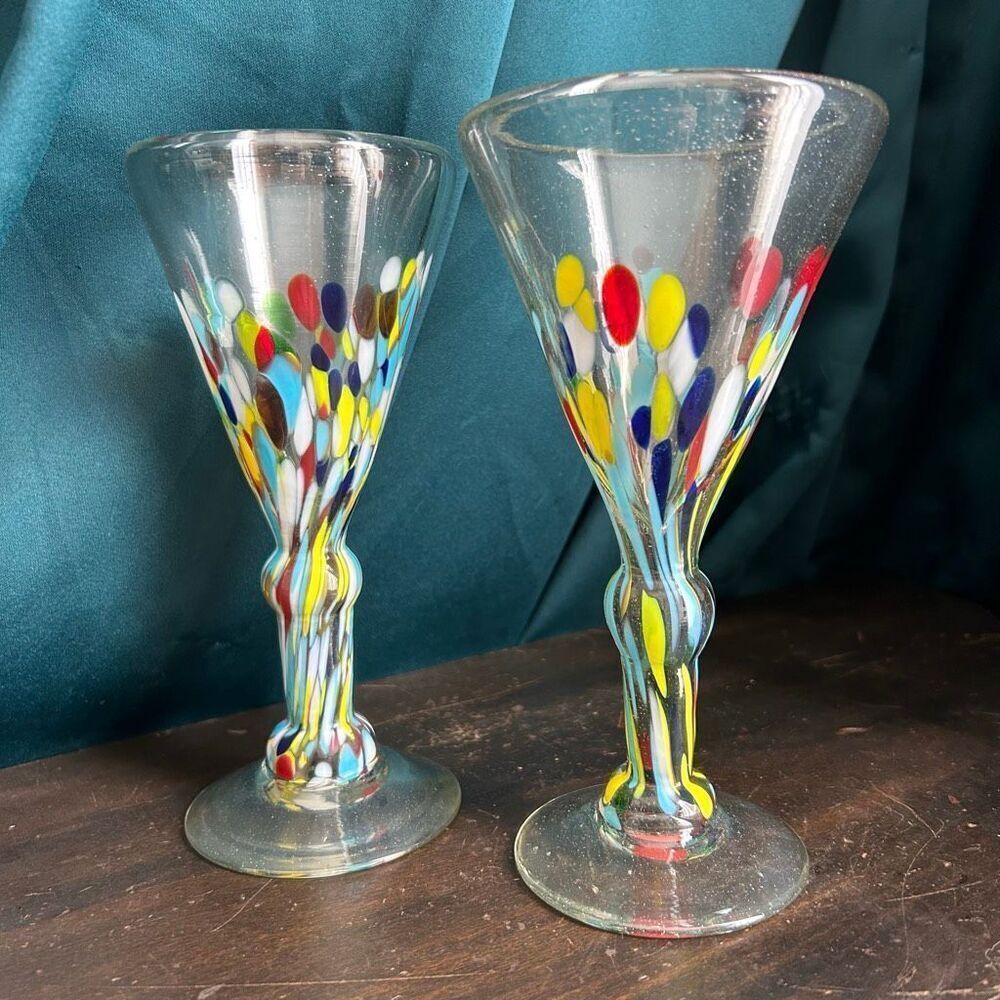 Mexican Hand-Blown Mardi Gras Confetti Large Martini Glasses